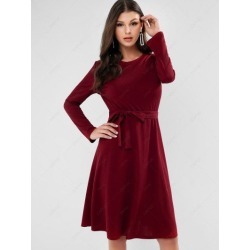 Ribbed Long Sleeve Belted A Line Dress