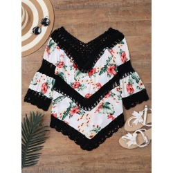 Floral Print Crochet Panel Beach Cover Up Top