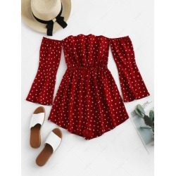 ZAFUL Hearts Print Off Shoulder Flare Sleeve Romper