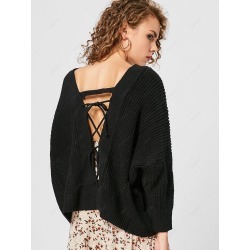 Back Lace Up V Neck Sweater