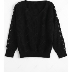 Lace Up Sleeve V Neck Sweater