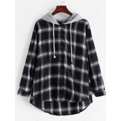 Plaid Hooded Drawstring High Low Shirt