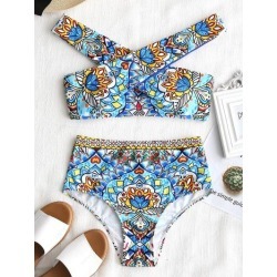 Mandala Print Crossover High Waisted Bikini Set