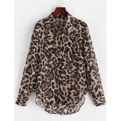 Leopard Print Buttoned High Low Shirt