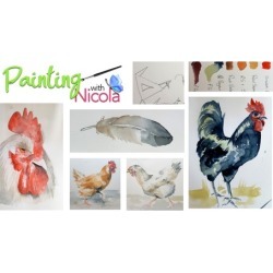 Watercolor paint CHICKENS. Loose shapes, poses & plumage. FUN