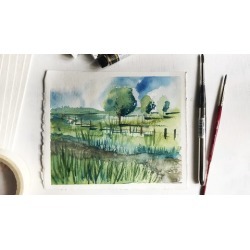 Beginner's Watercolor - Paint a sunset farmland & techniques
