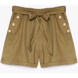 Womens Get Button With It High-Waisted Belted Shorts - Khaki