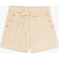 Womens Get Button With It High-Waisted Belted Shorts - Beige