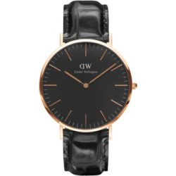 Montre analogique classique noire et dorée avec bracelet en cuir