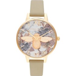 Montre en acier inoxydable Marble Florals avec bracelet en cuir
