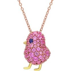Two-Tone Sterling Silver Created Blue & Pink Sapphire Cluster Bird Necklace
