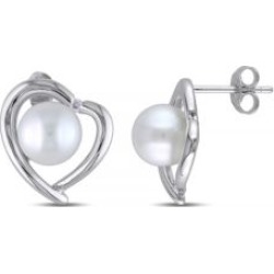Dormeuses en caur en argent sterling avec diamants 0,04 ct PT et perle blanche