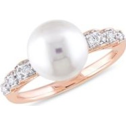 Bague en or rose 10 ct à diamants 0,12 ct PT et perle d'eau douce blanche 9 à 9,5 mm