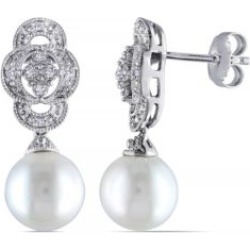 Pendants d'oreilles en argent sterling avec diamants 0,05 ct PT et perle blanche