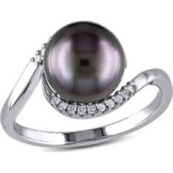 Bague en argent sterling avec perle de culture de Tahiti noire (9 à 9,5 mm) et diamants (0,09 ct PT)