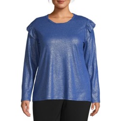 Plus Ruffled Foil Linen & Cotton-Blend Top