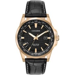 Montre World Time Perpetual Calendar Eco-Drive en acier inoxydable avec bracelet en cuir