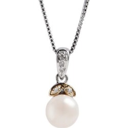 Pendentif en argent or 14 ct avec perle 7 mm et diamants