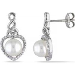 Boucles d'oreilles en caur en argent sterling avec diamants 0,10 ct PT et perle d'eau douce