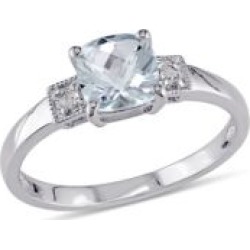 Bague en argent sterling avec aigue-marine de taille coussin et diamants 0,04 ct PT