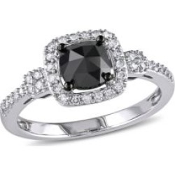 1 CT Black and White Cushion and Round Diamonds TW 14k White Gold Fashion Ring