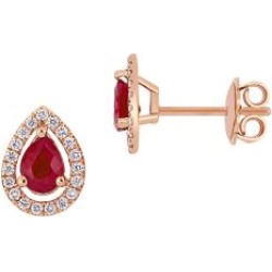 Boutons d'oreilles en or rose 14 ct avec rubis et pourtour de diamants 0,2 ct PT en forme de goutte