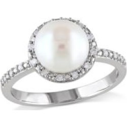 Bague en halo en argent sterling avec diamants 0,10 ct PT et perle d'eau douce