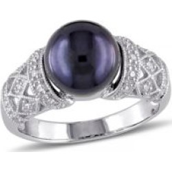 Bague en argent sterling avec diamants 0,10 ct PT et perle d'eau douce noire