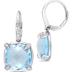 Boucles d'oreilles en or blanc 14 ct avec topaze bleue, saphir blanc et diamants de 0,07 ct PT