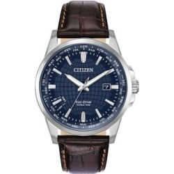 Montre World Time Perpetual Calendar Eco-Drive en acier inoxydable et bracelet en cuir