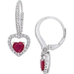 Pendants d'oreilles en or blanc 14 ct avec rubis, saphirs blancs et diamants de 0,1 ct PT en forme de caur