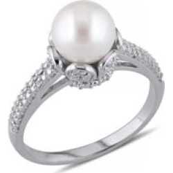 Bague en argent sterling avec diamants 0,05 ct PT et perle blanche