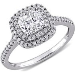 Bague de fiançailles en or blanc 14 ct avec diamants 0,33 ct PT et moissanite taillée en coussin