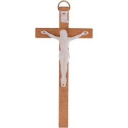 20cm Wall Hanging Wood Crucifix - Wooden Latin Cross With White Corpus