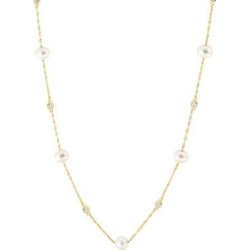 Collier en or jaune 14 ct avec diamants et perles d'eau douces blanches de 5,5 mm