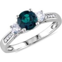 Bague en or blanc 10 ct avec émeraude synthétique, saphir blanc synthétique, diamant 0,05 ct PT et rehaussée de pierres
