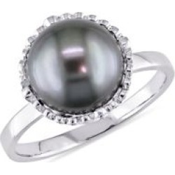 Bague en or blanc 14 ct avec perle de Thaiti noire de culture de 9,5-10 mm et diamants de 0,25 ct PT