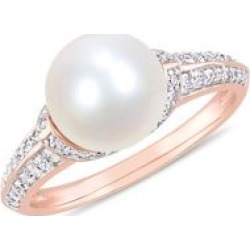 Bague en or rose 10 ct à diamants 0,33 ct PT et perle d'eau douce blanche 9 à 9,5 mm
