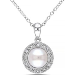 Collier en halo en argent sterling avec diamants 0,03 ct PT et perle d'eau douce