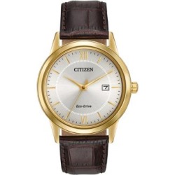 Montre analogique en acier inoxydable de ton or jaune avec bracelet en cuir