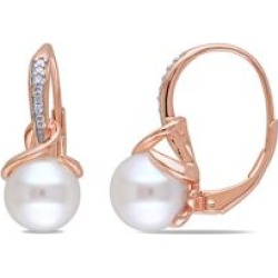 Boucles d'oreilles en argent sterling plaqué or rose avec diamants 0,06 ct PT et perle d'eau douce