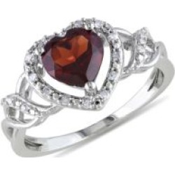 Bague en argent sterling ornée d'un grenat en forme de caur et de diamants