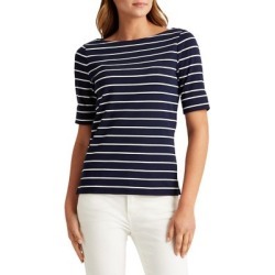 Striped Elbow-Sleeve Knit Tee