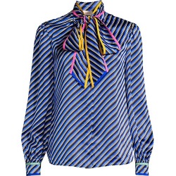 Tory Burch Women's Printed Silk Pussycat Blouse - Blue Bias Stripe - Size 12