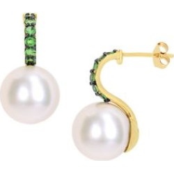 Collier à pendentif en or jaune 10 ct avec perle d'eau douce ronde et blanche 11 à 12 mm et diamants 0,2 ct PT rehaussés de tsavolite