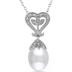 Collier à pendentif en caur en argent sterling avec diamants 0,06 ct PT et perle blanche