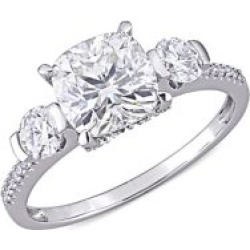 Bague de fiançailles à trois pierres en or blanc 14 ct avec diamants 0,16 ct PT et moissanite taillée en coussin
