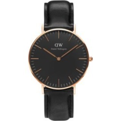 Montre analogique classique noire et dorée avec bracelet en cuir