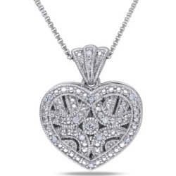 Collier en argent sterling avec médaillon en forme de caur et diamants 0,06 ct
