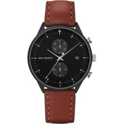 Montre en acier inoxydable à placage ionique noir et bracelet en cuir, collection Chrono Line
